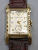 A gentleman's 1940's Art Deco '10k gold filled' Bulova rectangular manual wind wrist watch, with