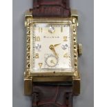 A gentleman's 1940's Art Deco '10k gold filled' Bulova rectangular manual wind wrist watch, with