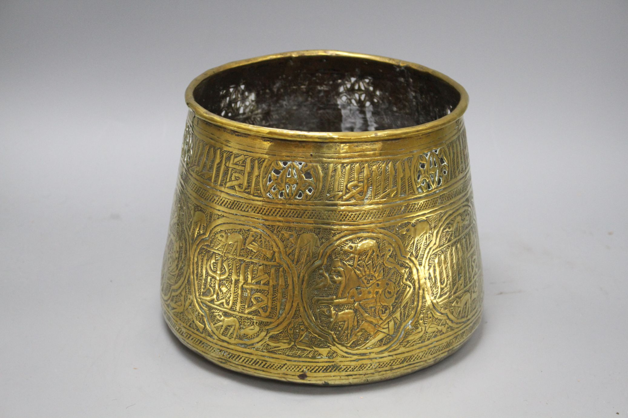 A Cairoware brass jardiniere, decorated with panels of figures and calligraphy, height 18cm, - Image 3 of 5