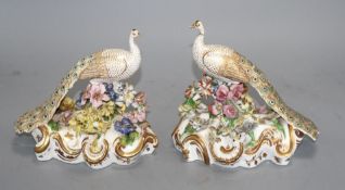 A pair of Derby figures of peacocks, c.1840, red printed crown D mark, H. 15.5 and 16cm Condition: