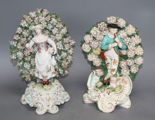 Two large Derby bocage figures, c.1775, 26.5 and 28.5cm Condition: Both with typical small losses to