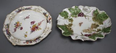 A Chelsea red anchor period vine leaf moulded dish, c.1755 and a Chelsea gold anchor bird and flower