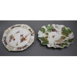 A Chelsea red anchor period vine leaf moulded dish, c.1755 and a Chelsea gold anchor bird and flower