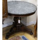 A French Empire mahogany centre table, with circular grey marble top, on hexagonal baluster stem and