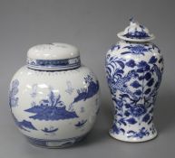A Chinese blue and white vase and cover and a ginger jar Condition: The vase has neck broken away,