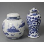 A Chinese blue and white vase and cover and a ginger jar Condition: The vase has neck broken away,