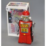 A Yonezawa (Japan) battery-operated Talking Robot (replacement box), robot 26cm Condition: some