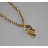 An unmarked heavy gold (tests as 9ct) curblink chain with large double curblink pendant, chain 65cm,