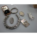 Mixed items including costume jewellery, modern silver oval pendant, white metal bangle and a