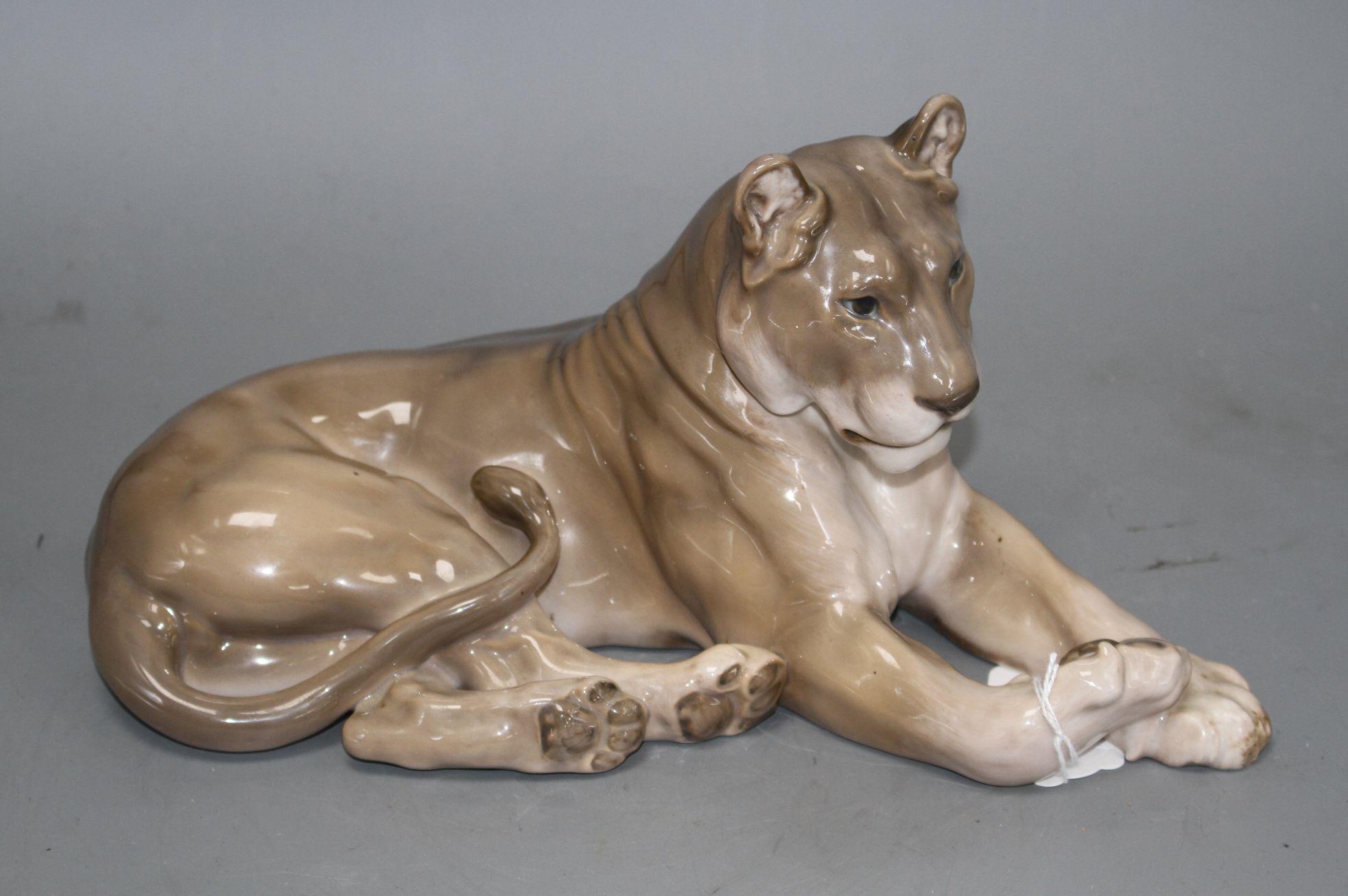 A Royal Copenhagen lioness, model no. 804, L. 31cm Condition: A bit grubby but in good condition,