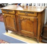 A late 18th century French provincial fruitwood side cabinet, W.138cm D.52.5cm H.94.5cm Condition: