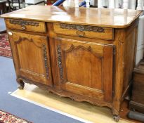 A late 18th century French provincial fruitwood side cabinet, W.138cm D.52.5cm H.94.5cm Condition: