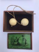 A John Jaques & Son game The Moffillisahn or Indian Castanets, in mahogany slide top box with