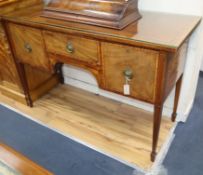 A George III mahogany and satinwood banded sideboard, W.144cm D.56cm H.94cm Condition: Still