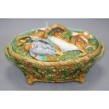 A Mintons majolica game tureen, with hare and poultry lid and oak leaf base, impressed marks, 36cm