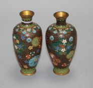 A pair of Japanese cloisonne vases, height 15cm Condition: Minor firing spots and wear to the