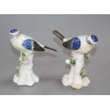 A pair of Derby figures of blue tits on tree stumps, c.1765-70, height 11.7cm and 11.5cm Note: Ex