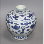 A Chinese blue and white bulbous vase, Ming, with restored rim, height 19cm Condition: Rim from