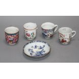 Four 18th century Chinese famille rose polychrome coffee cups, Qianlong period, and a blue and white