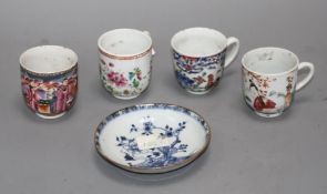 Four 18th century Chinese famille rose polychrome coffee cups, Qianlong period, and a blue and white