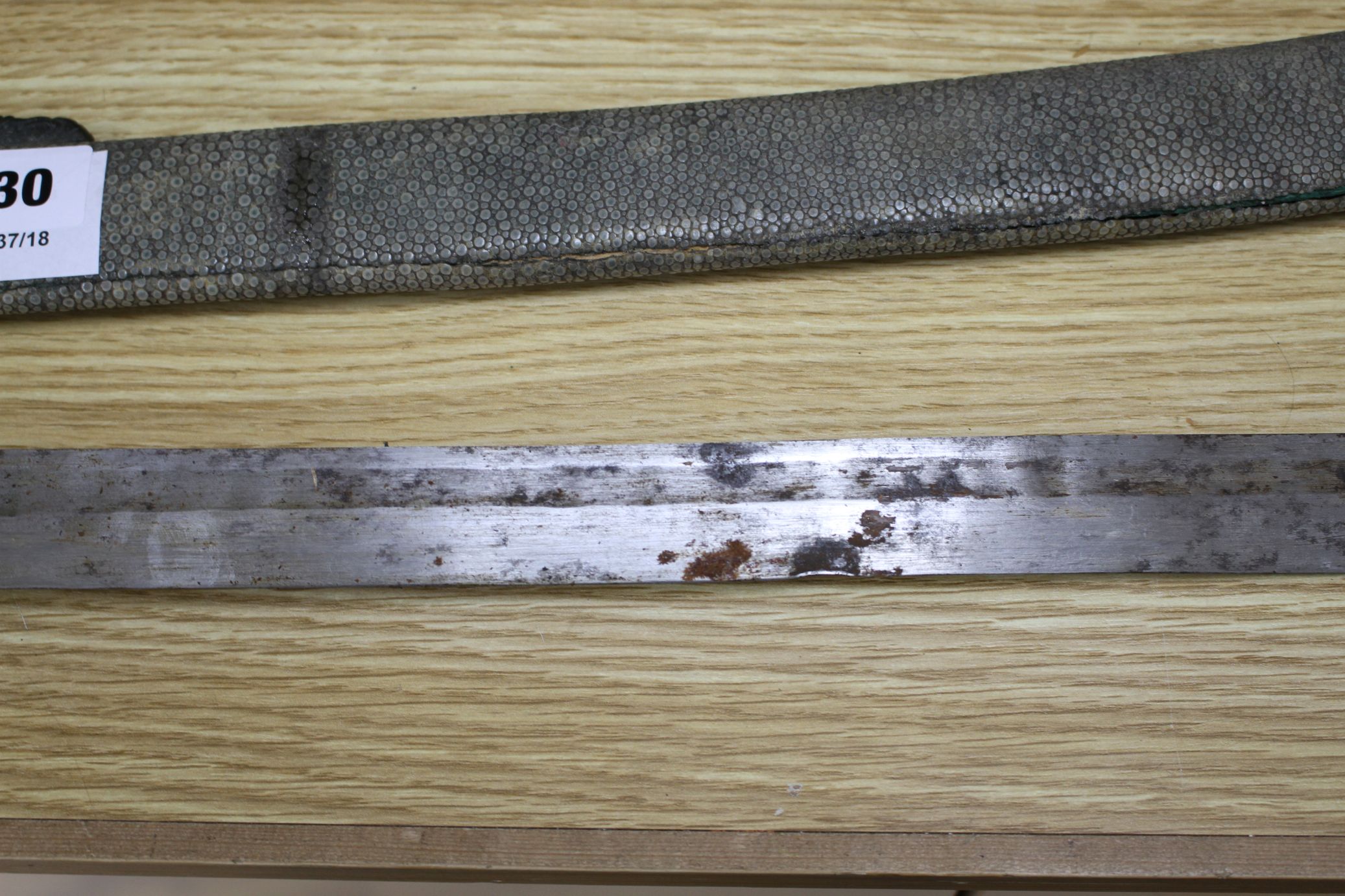 A 19th century Chinese sword, with shagreen and bronze mounted scabbard, the mounts slightly - Image 4 of 8