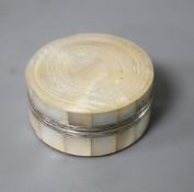 A Chinese engraved mother of pearl and tortoiseshell small box, diameter 4.5cm Condition: Good clean