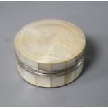 A Chinese engraved mother of pearl and tortoiseshell small box, diameter 4.5cm Condition: Good clean