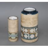 Two Troika cylindrical vases, the largest by Anne Lewis, c.1971, and the smaller by Averil