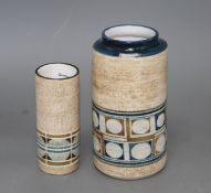 Two Troika cylindrical vases, the largest by Anne Lewis, c.1971, and the smaller by Averil