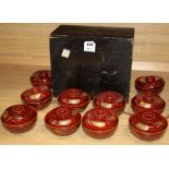 A set of ten Japanese lacquer rice bowls and covers, with fitted box, Meiji / Taisho period, each