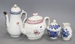 A Worcester blue and white coffee pot and cover, sugar bowl and cover and milk jug, c.1760-75 and