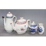 A Worcester blue and white coffee pot and cover, sugar bowl and cover and milk jug, c.1760-75 and