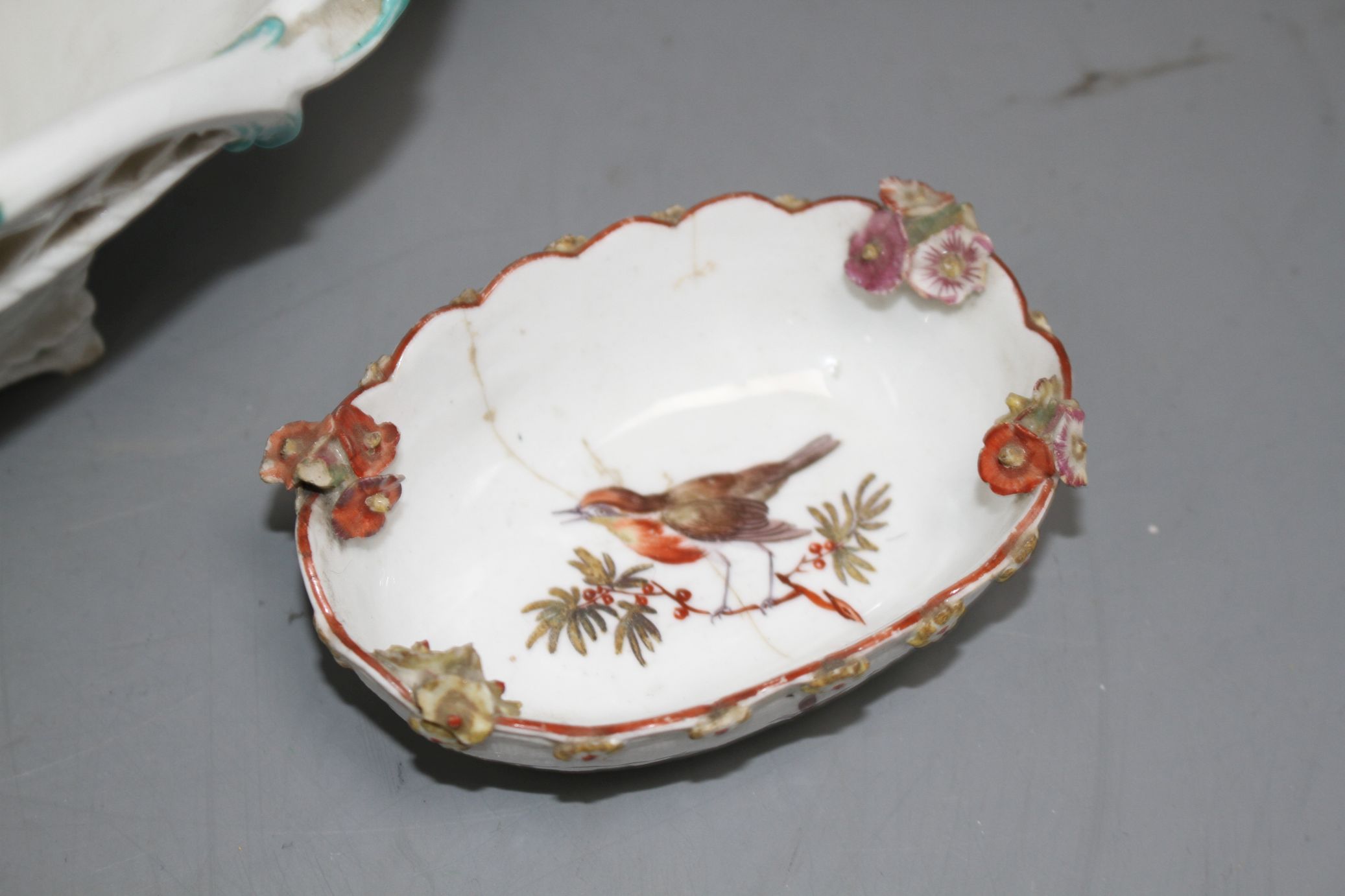 A Chelsea brown anchor 'butterfly and fruit' basket, c. 1758-60, and a Chelsea red anchor 'bird - Image 2 of 5