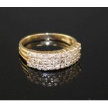A modern 14k yellow metal and three row diamond set half hoop ring, size O, gross weight 4.3