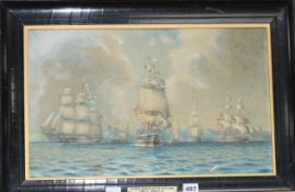 19th century English School, watercolour, 'Detached squadron getting underweigh from St Thomas',