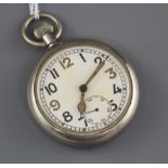 A 20th century nickel or chrome cased military issue pocket watch, with Arabic dial and subsidiary