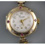 A lady's mid 20th century 14k, ruby and diamond set Precista manual wind dress wrist watch, on