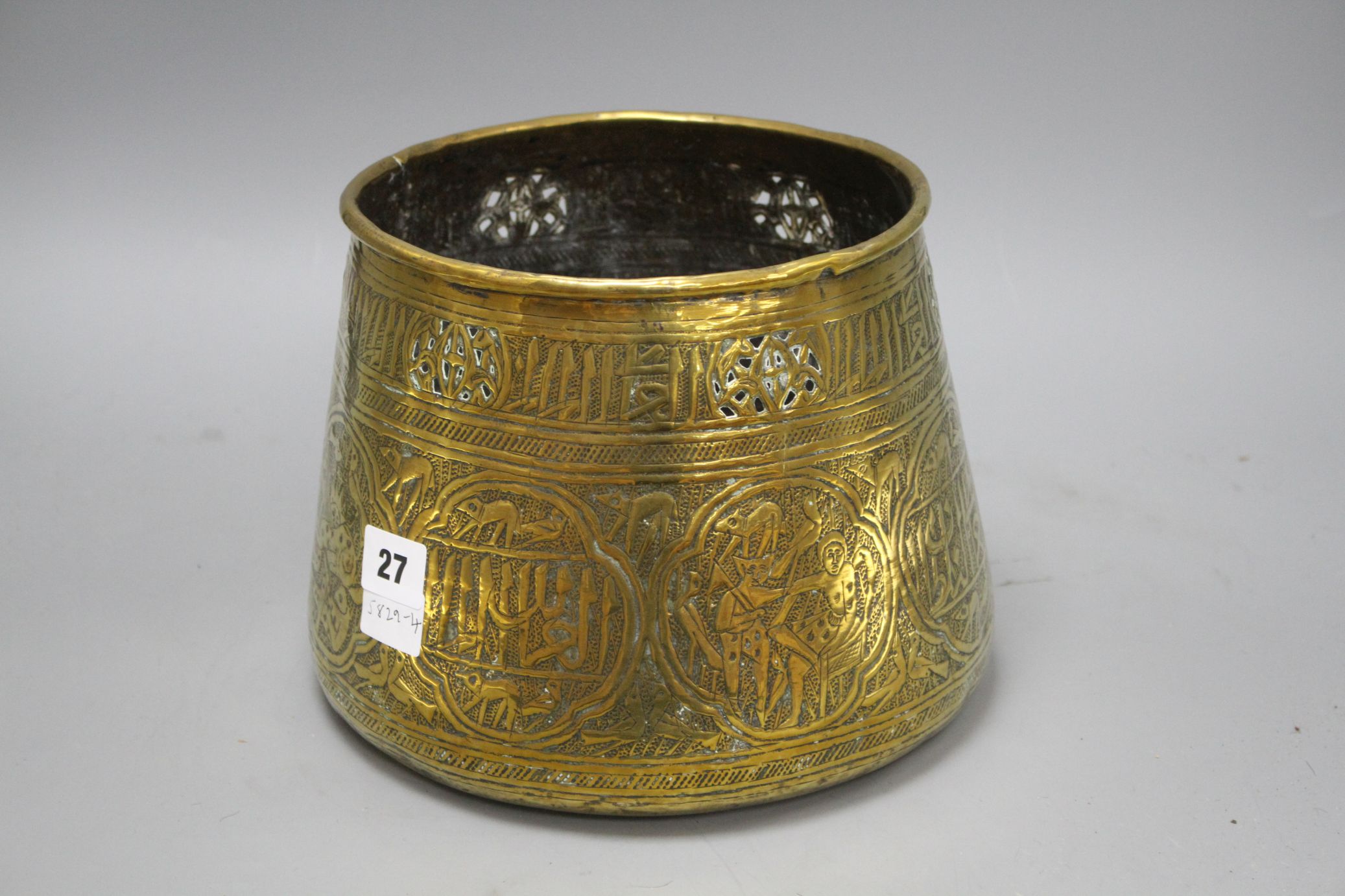 A Cairoware brass jardiniere, decorated with panels of figures and calligraphy, height 18cm, - Image 4 of 5