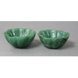 A pair of Mughal style green aventurine quartz petal lobed bowls, both with natural inclusions to