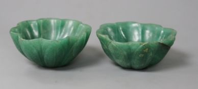 A pair of Mughal style green aventurine quartz petal lobed bowls, both with natural inclusions to