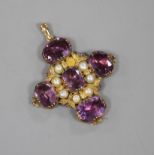 A 19th century textured yellow metal, amethyst 'and split pearl set cross pendant, 39mm, gross 9