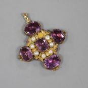 A 19th century textured yellow metal, amethyst 'and split pearl set cross pendant, 39mm, gross 9