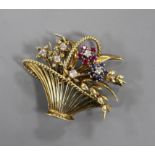 A 1960's 14ct gold, ruby, sapphire and diamond set giardinetto (basket of flowers) brooch, 4cm,