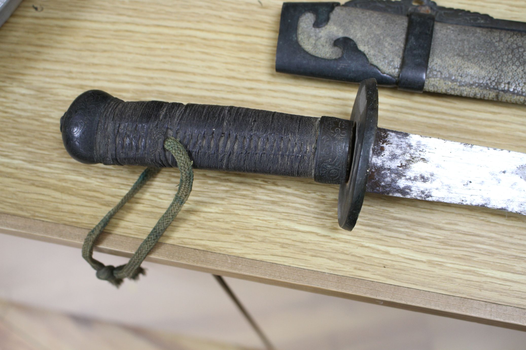 A 19th century Chinese sword, with shagreen and bronze mounted scabbard, the mounts slightly - Image 2 of 8