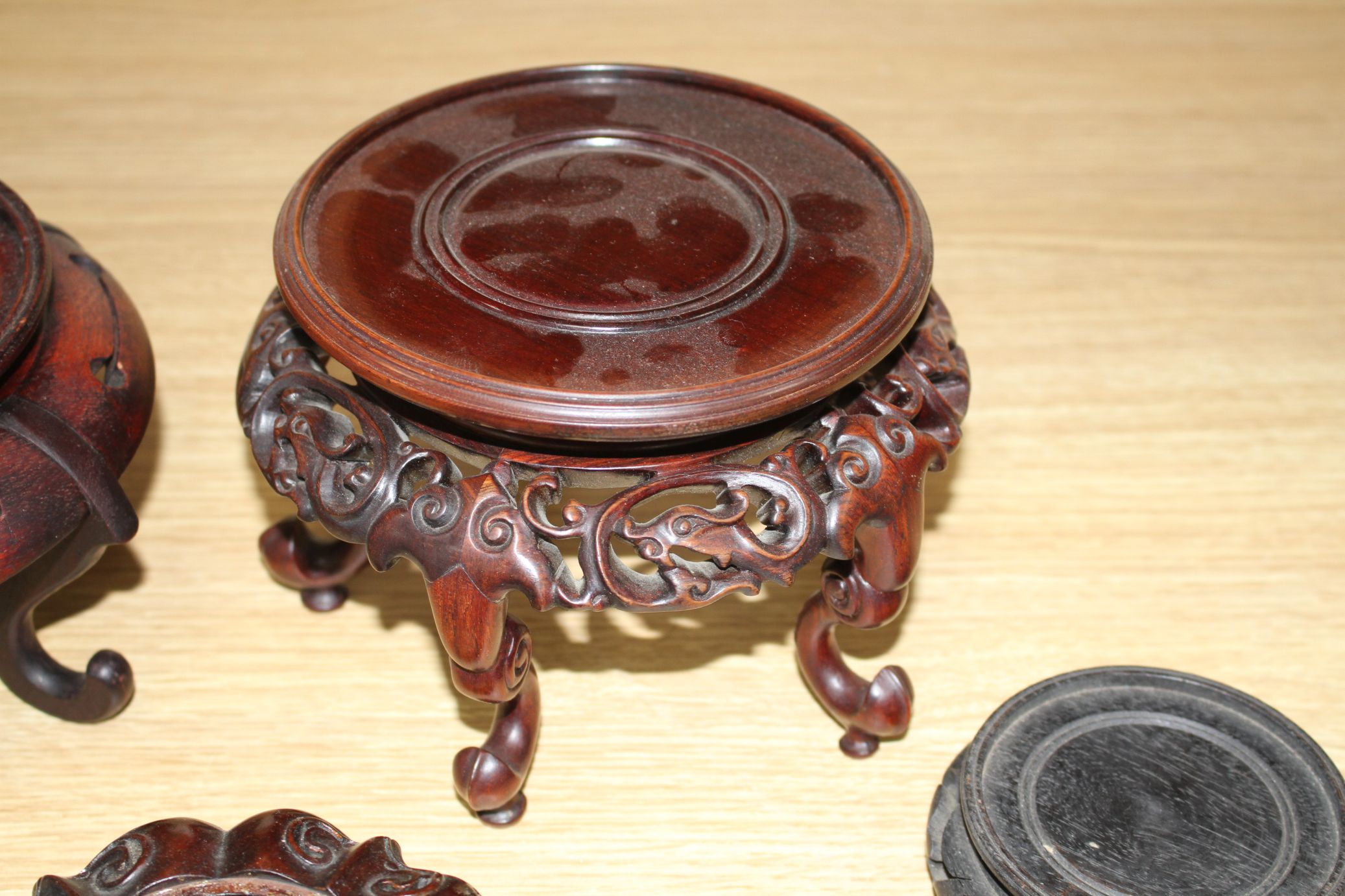 Thirteen assorted mainly Chinese hardwood vase stands, largest diameter 17cm, height 12cm - Image 6 of 8