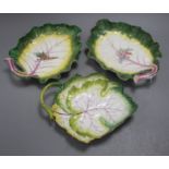 Three Chelsea red anchor 'leaf' dishes, c.1755, 24 and 23.5cm long Condition: The two larger leaf