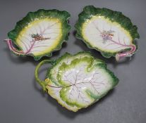 Three Chelsea red anchor 'leaf' dishes, c.1755, 24 and 23.5cm long Condition: The two larger leaf