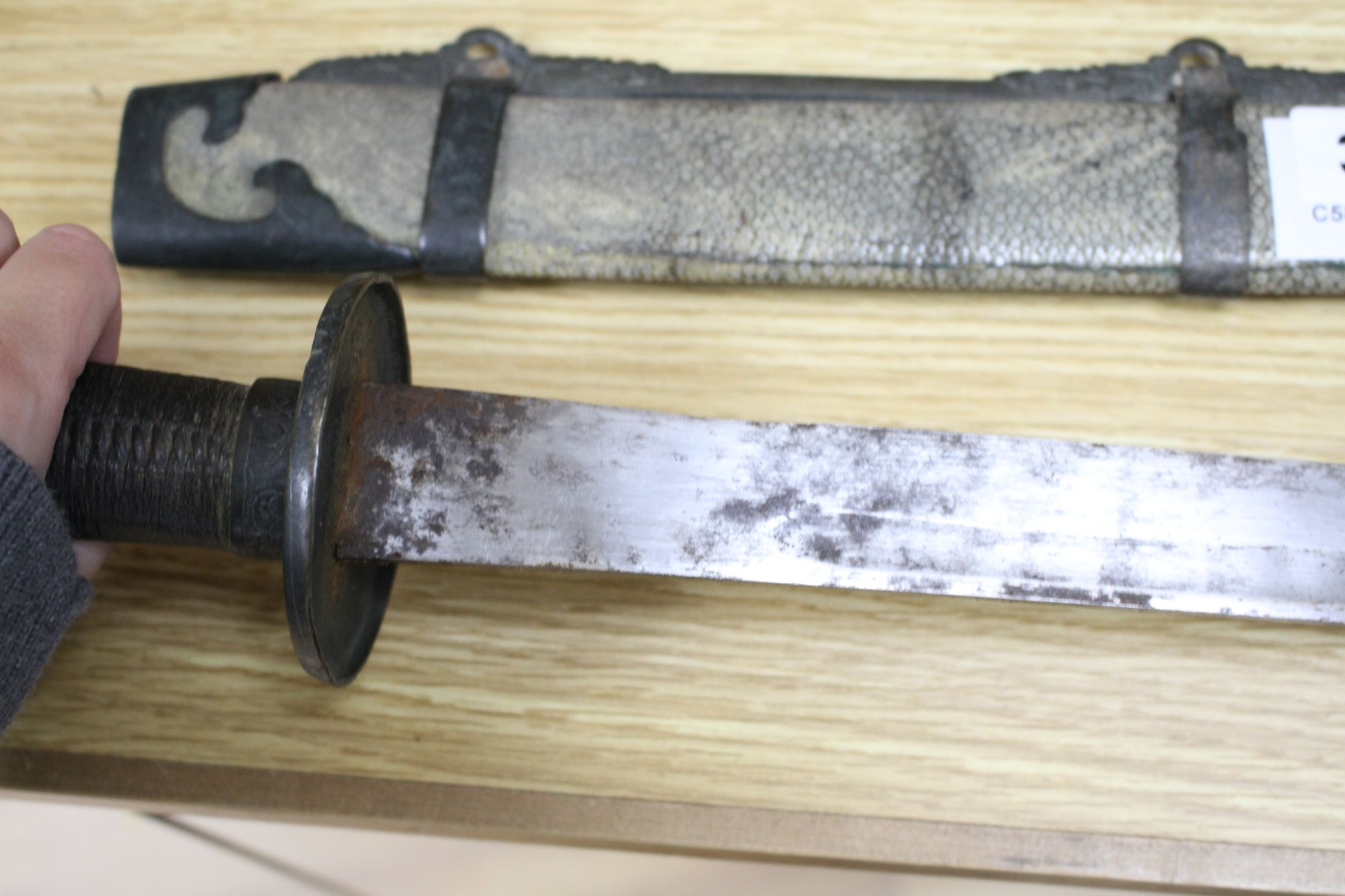 A 19th century Chinese sword, with shagreen and bronze mounted scabbard, the mounts slightly - Image 6 of 8