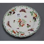 A Chelsea brown anchor 'butterfly and fruit' feather edge plate, c.1758, some fine crazing to the