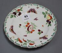 A Chelsea brown anchor 'butterfly and fruit' feather edge plate, c.1758, some fine crazing to the